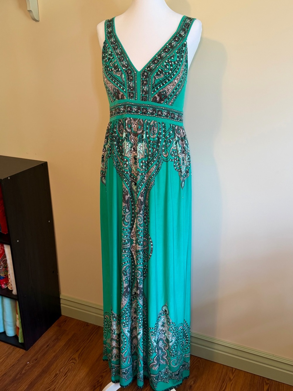 INC International Concepts Teal Paisley-Embellished V-Neck Maxi Dress